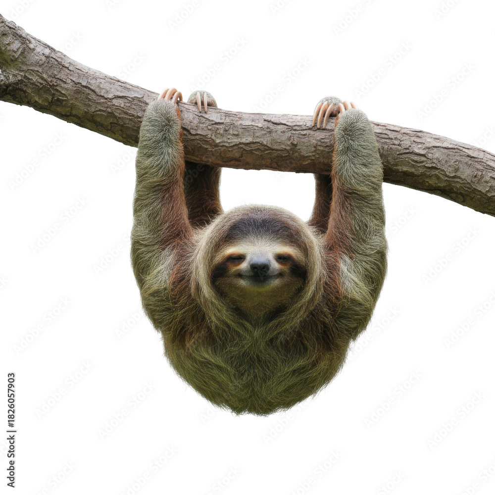 Naklejka premium Adorable sloth hanging from a tree branch in a tropical rainforest habitat with a black background