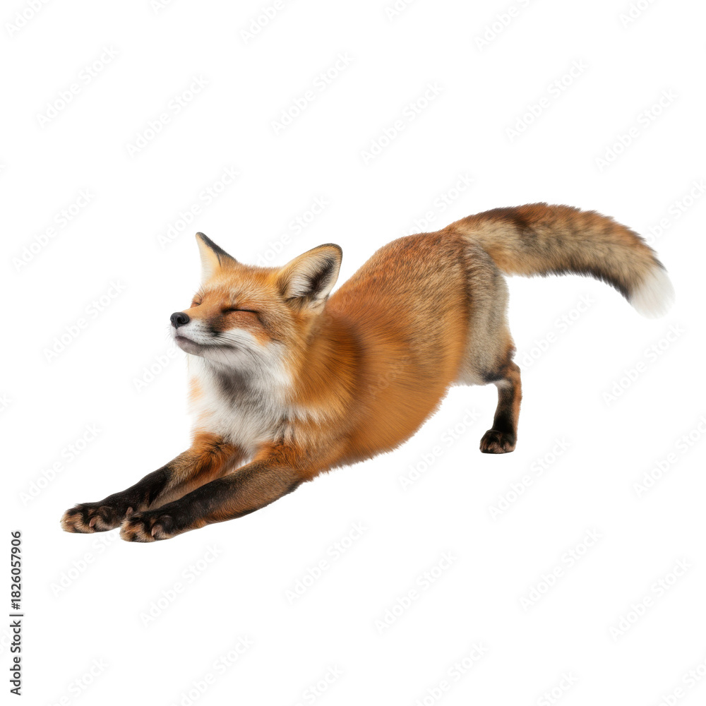 Obraz premium Adorable red fox stretching its body on a stark black background conveying natural movement and