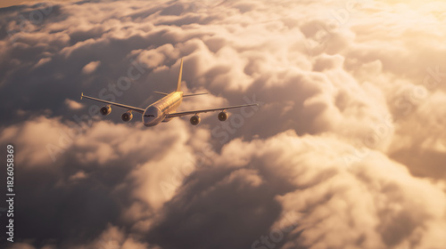 cockpit. Commercial airliner cutting through dramatic clouds, sunlight breaking through for a cinematic effect. event key visuals, club posters, designed for fitness apps and gym onboarding.