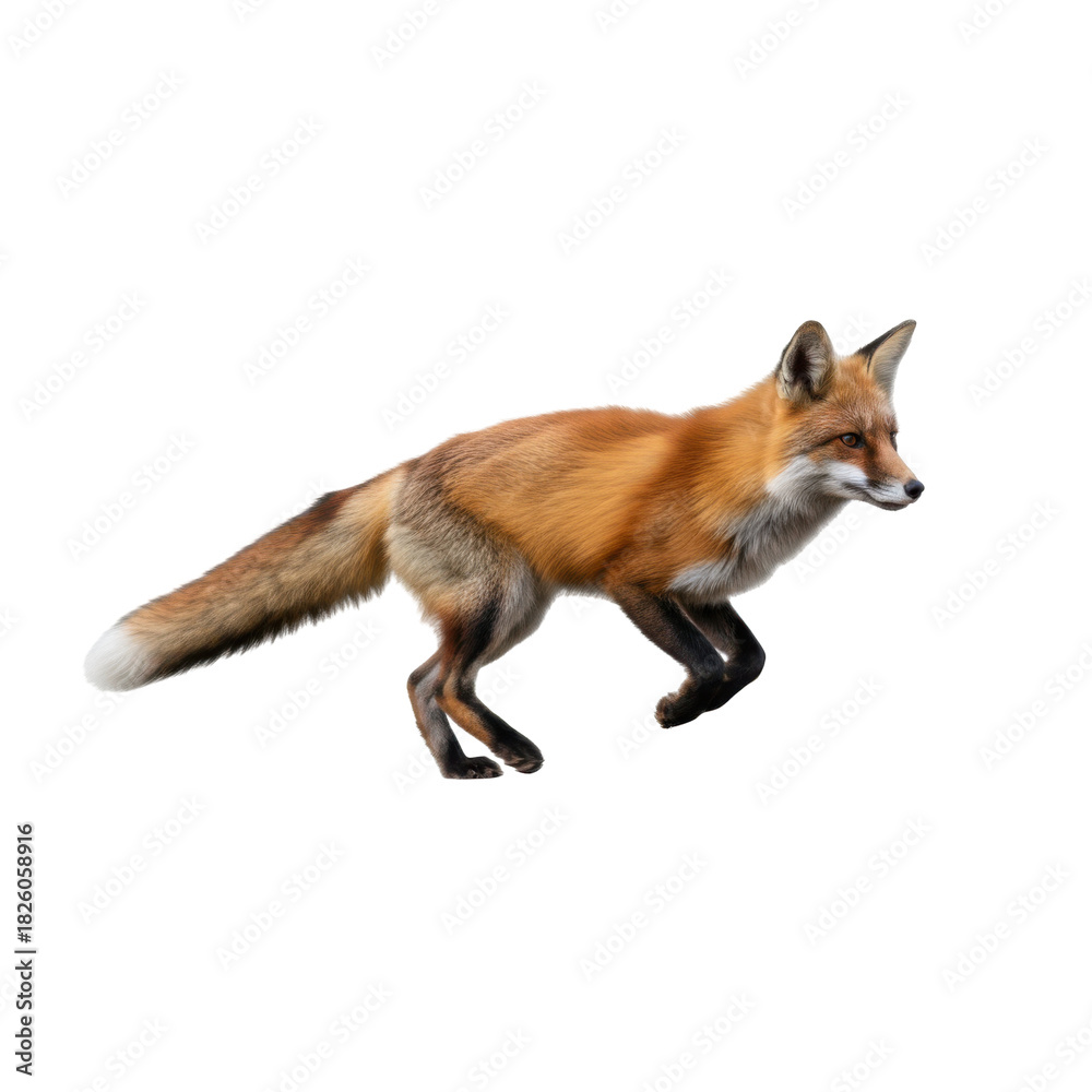 Obraz premium Alert red fox moving gracefully on a dark isolated background