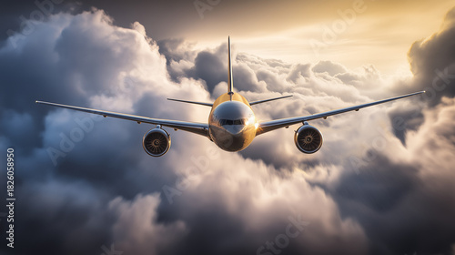 cockpit. Commercial airliner cutting through dramatic clouds, sunlight breaking through for a cinematic effect. event key visuals, club posters, designed for fitness apps and gym onboarding.
