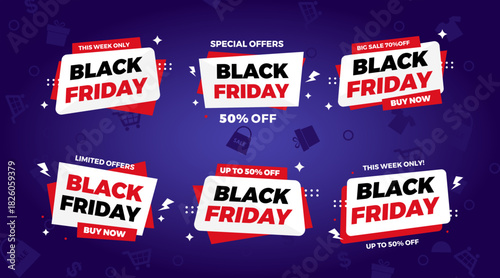 Collection of modern Black Friday discount brochure templates. Suitable for posters, banners, newsletters, shopping, promotions, and advertisements. Design illustrations.