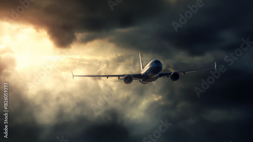 cockpit. Commercial airliner cutting through dramatic clouds, sunlight breaking through for a cinematic effect. event key visuals, club posters, designed for fitness apps and gym onboarding.