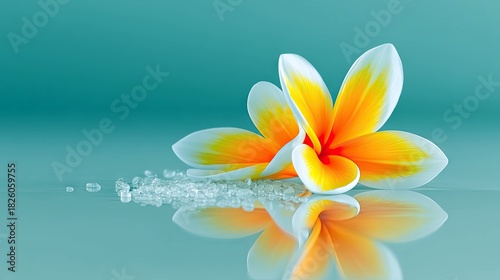 Two white and orange frangipani flowers rest on a pile of salt crystals, reflected on a smooth, teal surface. The background is a gradient of teal, creating a s