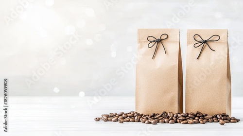 Two brown kraft paper bags tied with black string bows stand on a white wooden surface, surrounded by roasted coffee beans. A soft, blurred background with boke