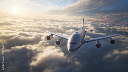cockpit. Commercial airliner cutting through dramatic clouds, sunlight breaking through for a cinematic effect. event key visuals, club posters, designed for fitness apps and gym onboarding.