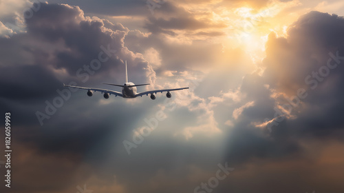 cockpit. Commercial airliner cutting through dramatic clouds, sunlight breaking through for a cinematic effect. event key visuals, club posters, designed for fitness apps and gym onboarding.