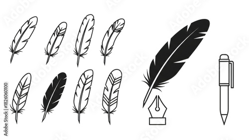 Vector illustration set of classic quill pens and modern writing instruments