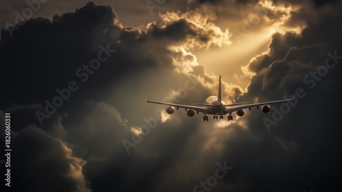 cockpit. Commercial airliner cutting through dramatic clouds, sunlight breaking through for a cinematic effect. event key visuals, club posters, designed for fitness apps and gym onboarding.