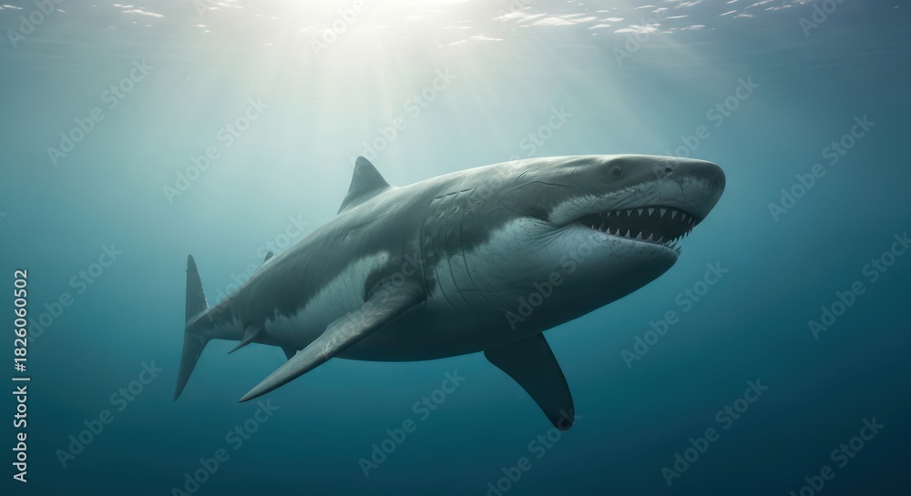 Naklejka premium Majestic great white shark glides gracefully through the shimmering turquoise ocean depths