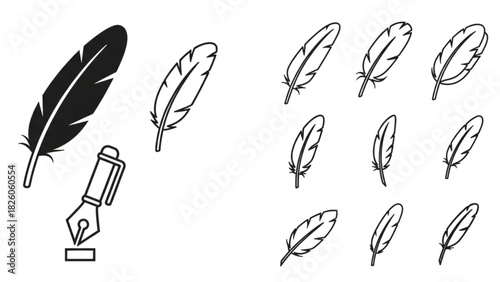 Elegant Pen and Feather Icons for Writing, Design, and Creative Projects