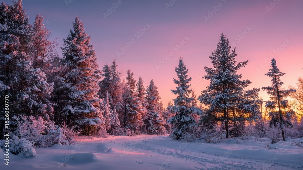 Naklejka premium Snow covered pine forest at sunrise with pink and purple sky winter trees