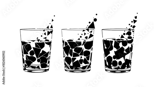 Graphic illustration of three glasses filled with black geometric broken ice shards and abstract shapes falling
