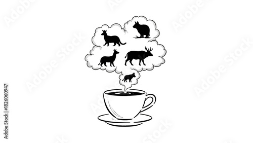 Civet coffee cup illustration animals silhouettes appearing in steam aroma of beverage from bean origin