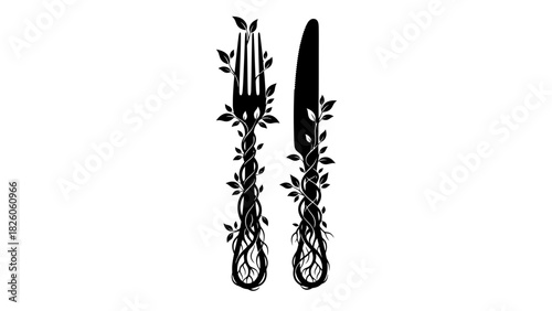 Black silhouette of fork and knife handles transforming into intertwined roots and tree branches