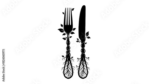 Graphic illustration of fork and knife handles transforming into twisting roots and leaves growing upward isolated