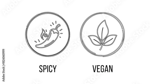 Spicy chili pepper and vegan leaf symbols Hand drawn food labeling icons for dietary information