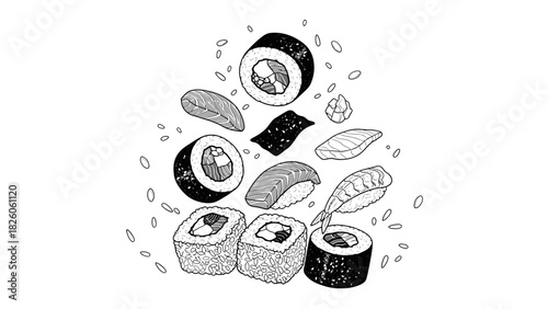 Hand drawn illustration of various japanese sushi rolls nigiri and sashimi set surrounded by falling rice grains