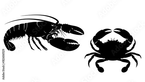 Silhouette illustration of a detailed lobster and a crab isolated on transparent background vector