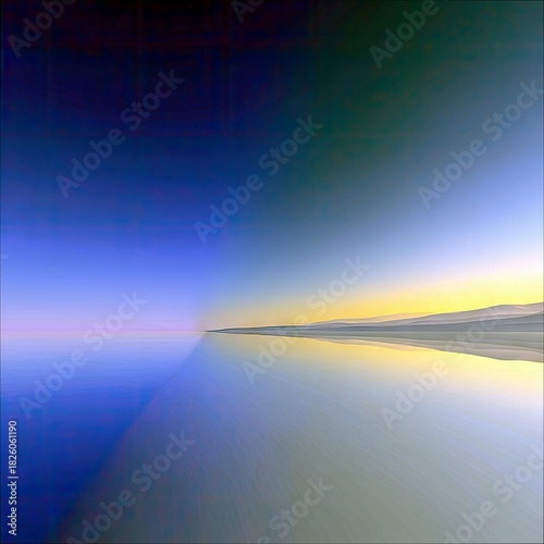 A serene, wide-angle view of a calm ocean stretching to the horizon, reflecting the soft colors of a sunrise sky. Distant, hazy mountains are visible along the