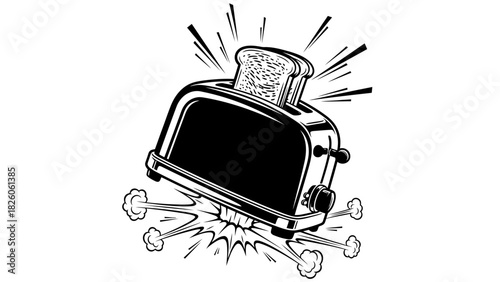Pop art toaster vector illustration with an exploding bread slice and radial comic elements