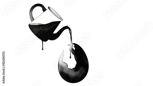 Hot beverage pouring from teapot into donut shaped container dark liquid spilling graphic