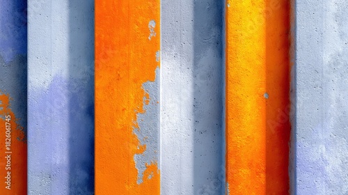 A close-up, abstract view of vertical concrete stripes with textured surfaces in orange and blue, casting subtle shadows.