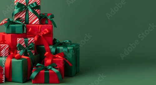Stack of christmas presents in red and green on a green background