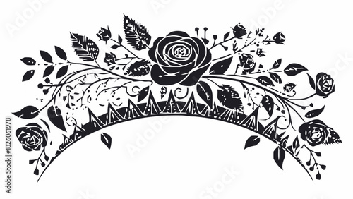 Elegant floral tiara design featuring roses, leaves, and a decorative crown, perfect for wedding invitations, branding, and feminine designs