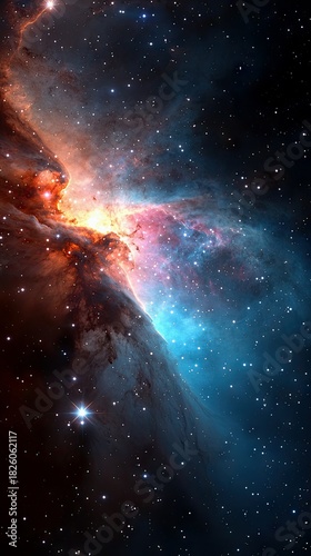 A colorful and luminous nebula glows with vibrant hues of orange, red, and blue, surrounded by countless stars in the vast expanse of deep space.