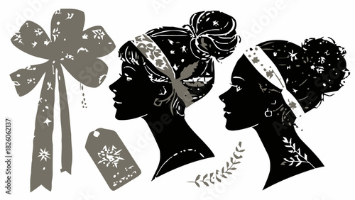 Elegant silhouette portrait of two women with a whimsical bow and gift tag, perfect for festive holiday designs or chic fashion-forward illustrations