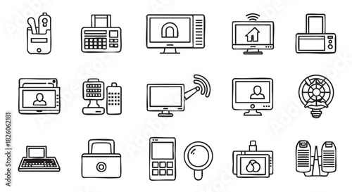 Hand drawn electronic device icons in line art style concept