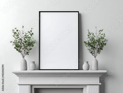 Wooden window frame interior with flowers and a blank poster sign display