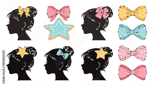 Adorable girl silhouettes with sweet bows and star accessories, perfect for children's fashion and whimsical design projects, originally a scalable vector graphic