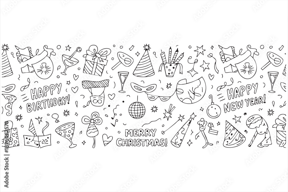 Fototapeta premium Birthday and New Year doodle elements for party themed graphics and seasonal visuals