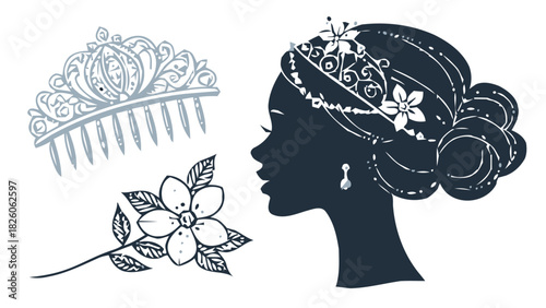 Elegant bride silhouette with flower accent, perfect for wedding invites, beauty salon promotions, and sophisticated branding, originally a scalable graphic