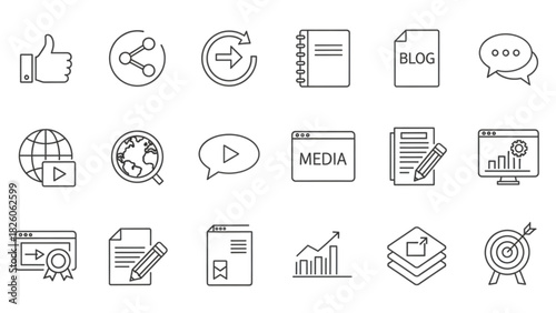 Digital marketing and SEO strategy icons for online content creation and promotion
