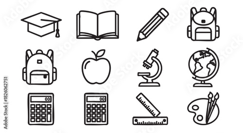 School education objects drawing elements graduation cap book apple calculator backpack