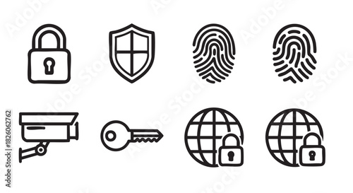Security icon set with lock shield camera and key for protection