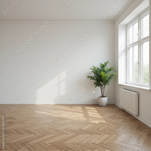 Bright and Airy Empty Room with Large Windows and a Potted Plant Accentuating Minimalist Design
