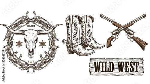 Rugged Western vector elements with barbed wire wreath, longhorn skull, boots, and guns for ranch branding