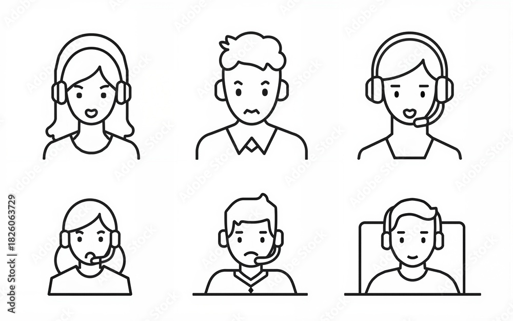 Fototapeta premium Help, Support and Contact Vector Flat Line Icons Set. Phone Assistant, Online Help, Video Chat. Editable Stroke. 48x48 Pixel Perfect. High quality