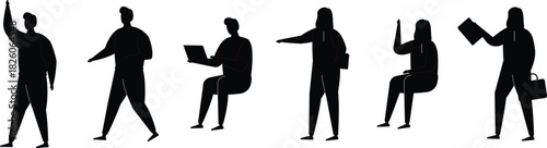 Set of people work from home cartoon character collection. Set of silhouettes showing people working on laptops in various ergonomic and casual postures including a standing desk, vector illustration.