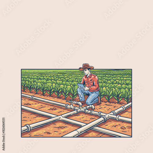 Precision Farming Drip System.Farmer Checking Irrigation Lines.Retro Agriculture Technology.Smart Water Management Badge.Vintage Agronomist Illustrati
