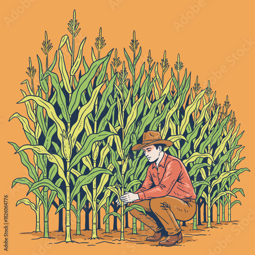Farmer in the corn field.Inspecting the maize crop.Vintage agriculture illustration.Retro farmer at work.Hand-drawn field worker