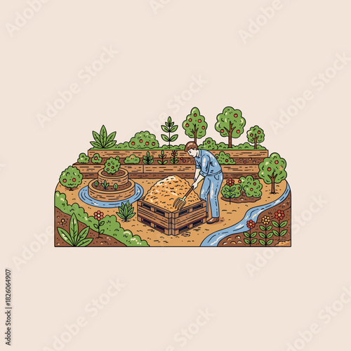 Gardener composting illustration.Organic garden care vector.Composting farmer working.Sustainable agriculture badge.Raised bed garden scene