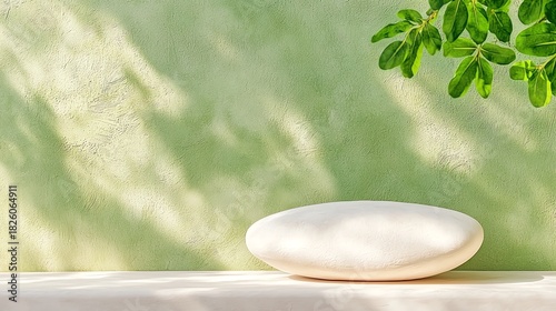 Minimalist Product Display with Green Leaves and Natural Sunlight Backdrop