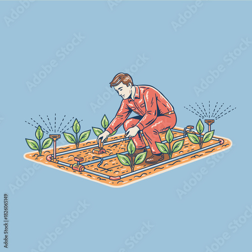 Farmer manages garden irrigation.Man tending to plant water system.Retro farming technology vector.Agricultural worker design.Drip system and cultivat