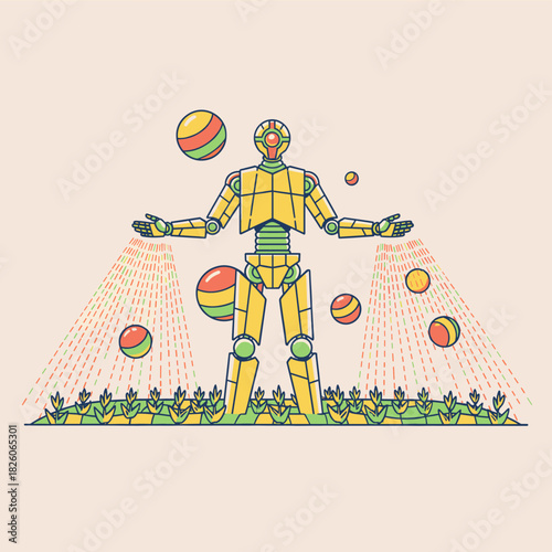 Juggling Robot Illustration.Retro Futurist Juggler.Automation and Nature Concept.Yellow Android Performance.Vintage Style Bot Vector