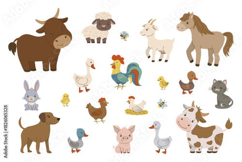 Cute farm animals set. Farm animals, cow, pigs, chickens and livestock Vector Illustration for Kids
